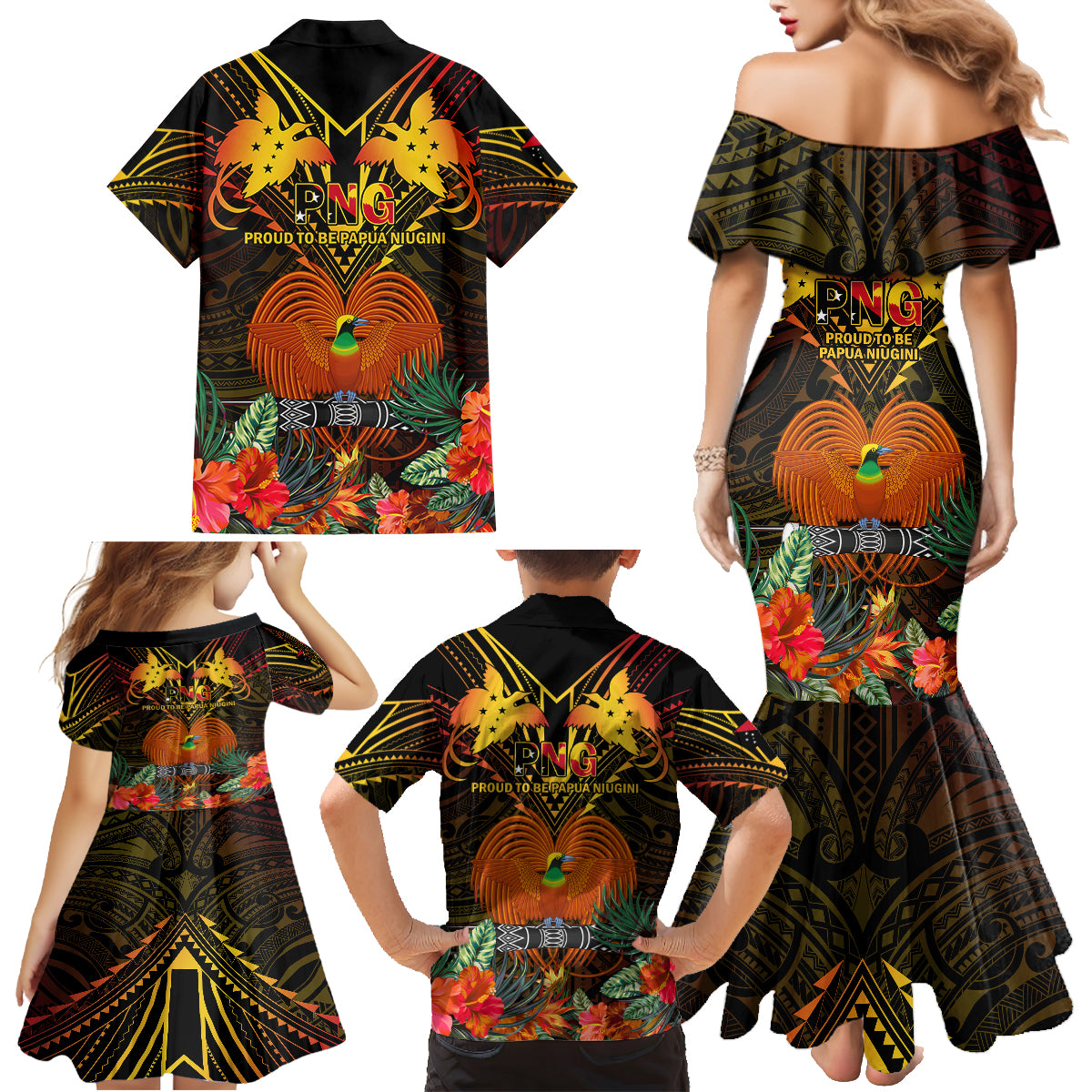 Papua New Guinea Chimbu Province Family Matching Mermaid Dress and Hawaiian Shirt Papua Niugini Coat Of Arms With Flag Style LT14 - Polynesian Pride