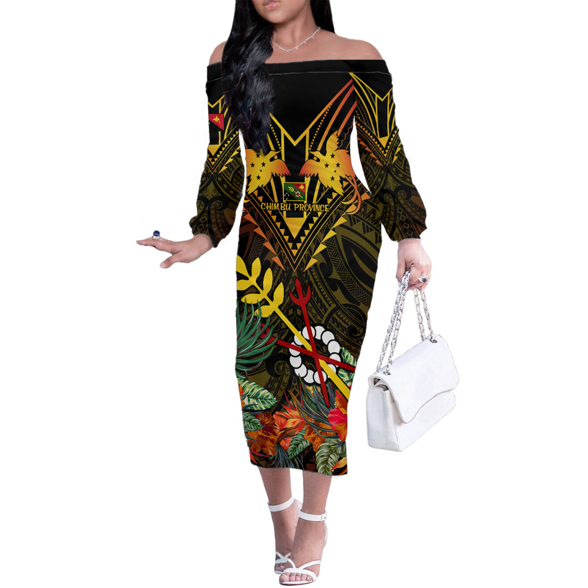 Papua New Guinea Chimbu Province Family Matching Off Shoulder Long Sleeve Dress and Hawaiian Shirt Papua Niugini Coat Of Arms With Flag Style LT14 Mom's Dress Black - Polynesian Pride