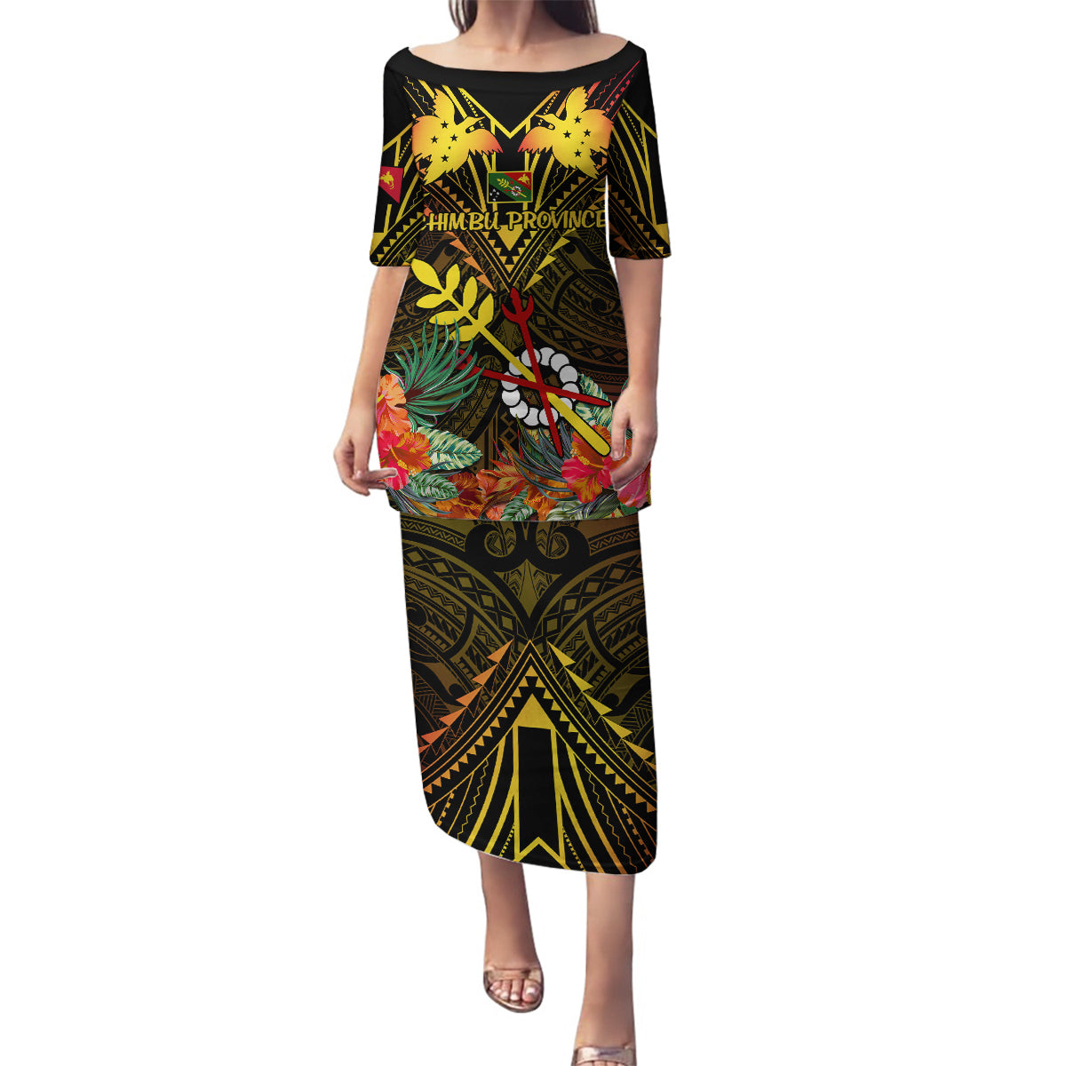 Papua New Guinea Chimbu Province Family Matching Puletasi Dress and Hawaiian Shirt Papua Niugini Coat Of Arms With Flag Style LT14 Mom's Dress Black - Polynesian Pride