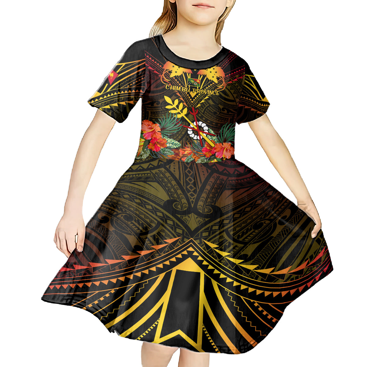 Papua New Guinea Chimbu Province Kid Short Sleeve Dress Papua Niugini Coat Of Arms With Flag Style LT14 - Polynesian Pride