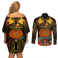 Papua New Guinea Western Province Couples Matching Off Shoulder Short Dress and Long Sleeve Button Shirts Papua Niugini Coat Of Arms With Flag Style LT14 - Polynesian Pride