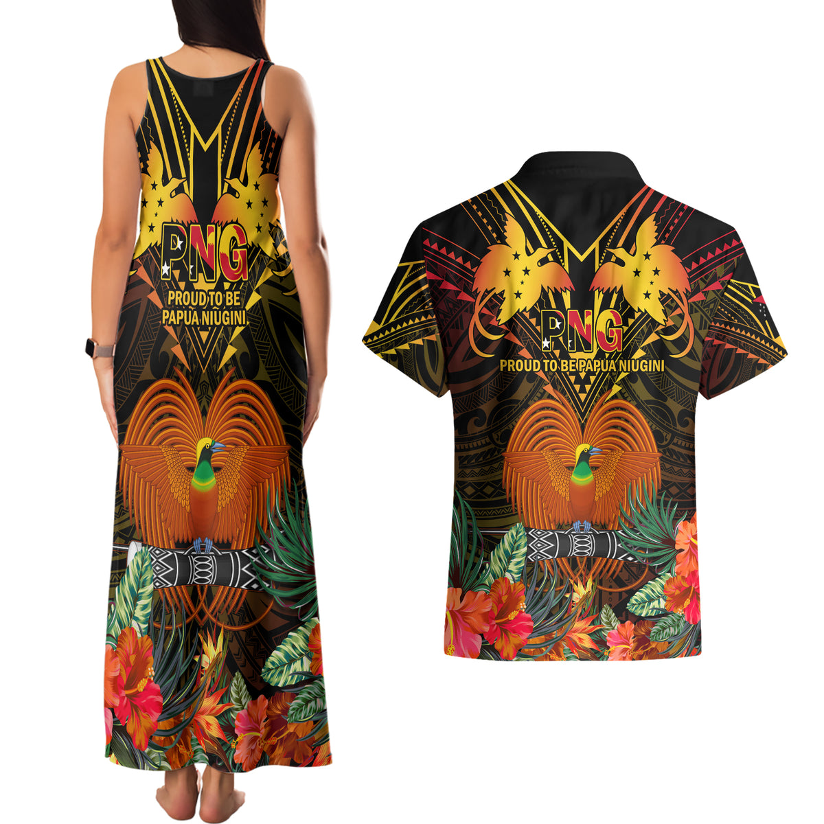 Papua New Guinea Western Province Couples Matching Tank Maxi Dress and Hawaiian Shirt Papua Niugini Coat Of Arms With Flag Style LT14 - Polynesian Pride