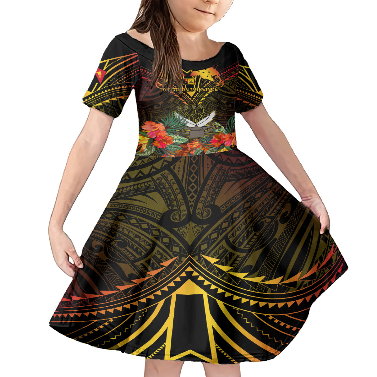 Papua New Guinea Western Province Kid Short Sleeve Dress Papua Niugini Coat Of Arms With Flag Style LT14 KID Black - Polynesian Pride