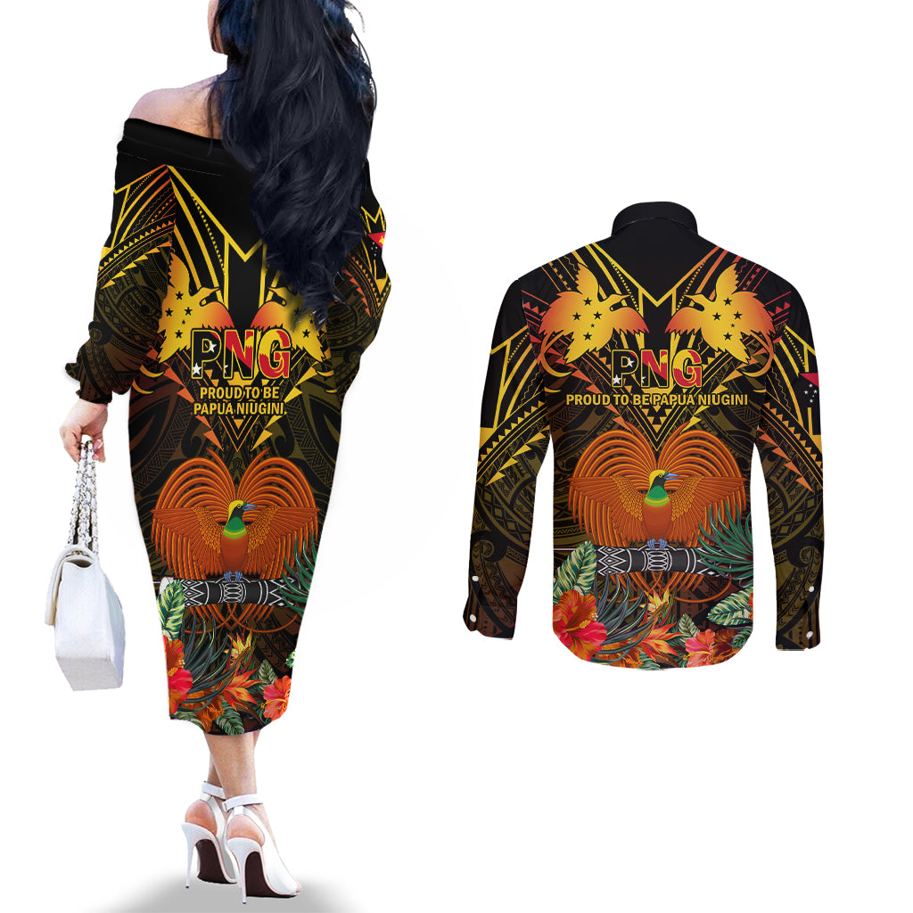 Papua New Guinea Southern Highlands Province Couples Matching Off The Shoulder Long Sleeve Dress and Long Sleeve Button Shirts Papua Niugini Coat Of Arms With Flag Style LT14 - Polynesian Pride