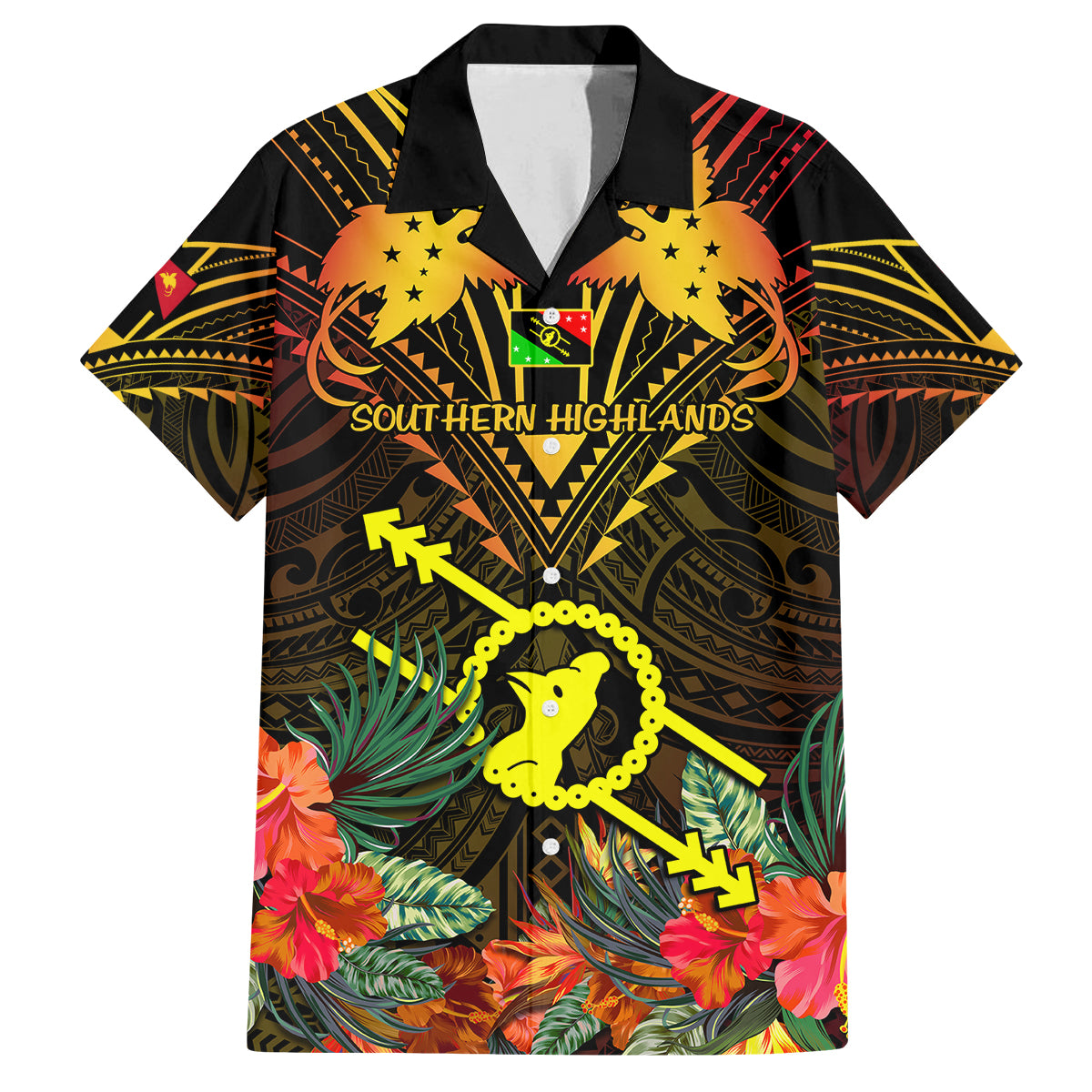 Papua New Guinea Southern Highlands Province Family Matching Off Shoulder Long Sleeve Dress and Hawaiian Shirt Papua Niugini Coat Of Arms With Flag Style LT14 Dad's Shirt - Short Sleeve Black - Polynesian Pride