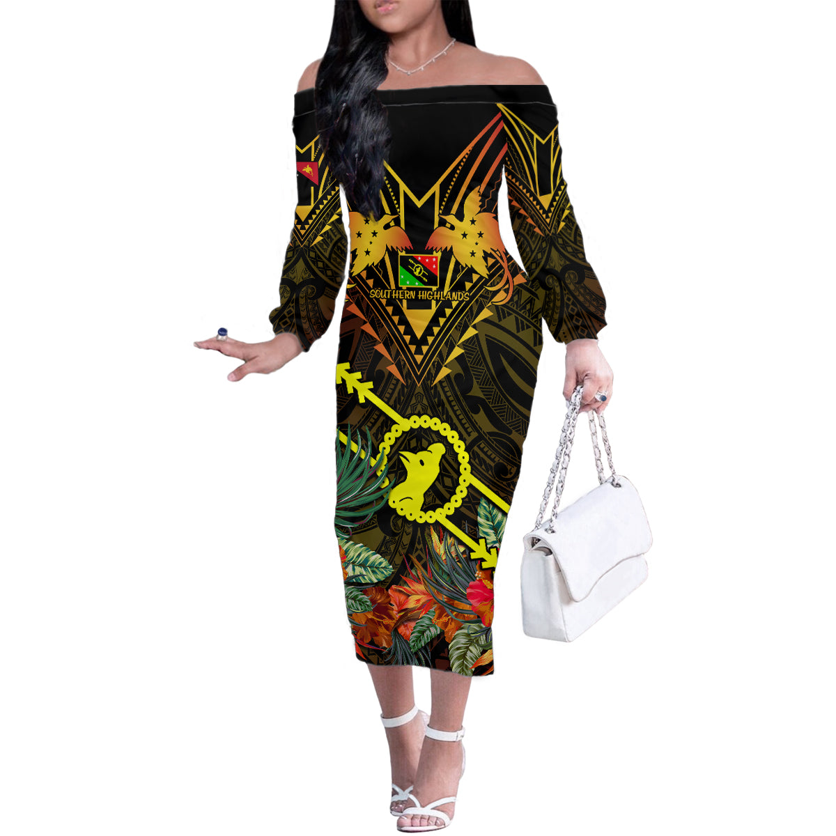 Papua New Guinea Southern Highlands Province Family Matching Off Shoulder Long Sleeve Dress and Hawaiian Shirt Papua Niugini Coat Of Arms With Flag Style LT14 Mom's Dress Black - Polynesian Pride