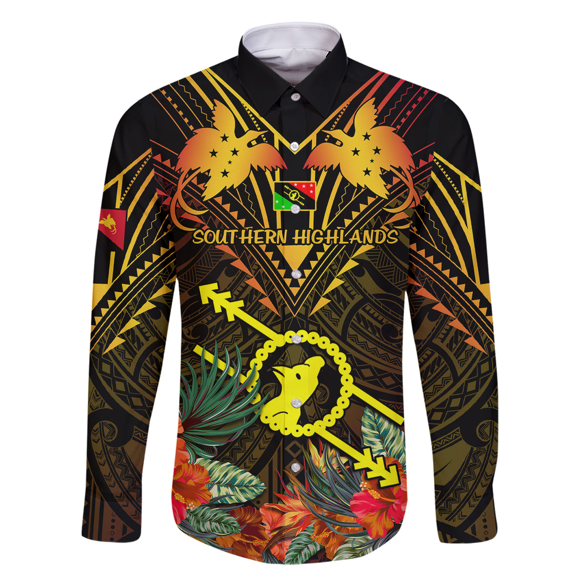 Papua New Guinea Southern Highlands Province Family Matching Off Shoulder Maxi Dress and Hawaiian Shirt Papua Niugini Coat Of Arms With Flag Style LT14 Dad's Shirt - Short Sleeve Black - Polynesian Pride