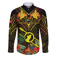 Papua New Guinea Southern Highlands Province Family Matching Off Shoulder Short Dress and Hawaiian Shirt Papua Niugini Coat Of Arms With Flag Style LT14 Dad's Shirt - Long Sleeve Black - Polynesian Pride
