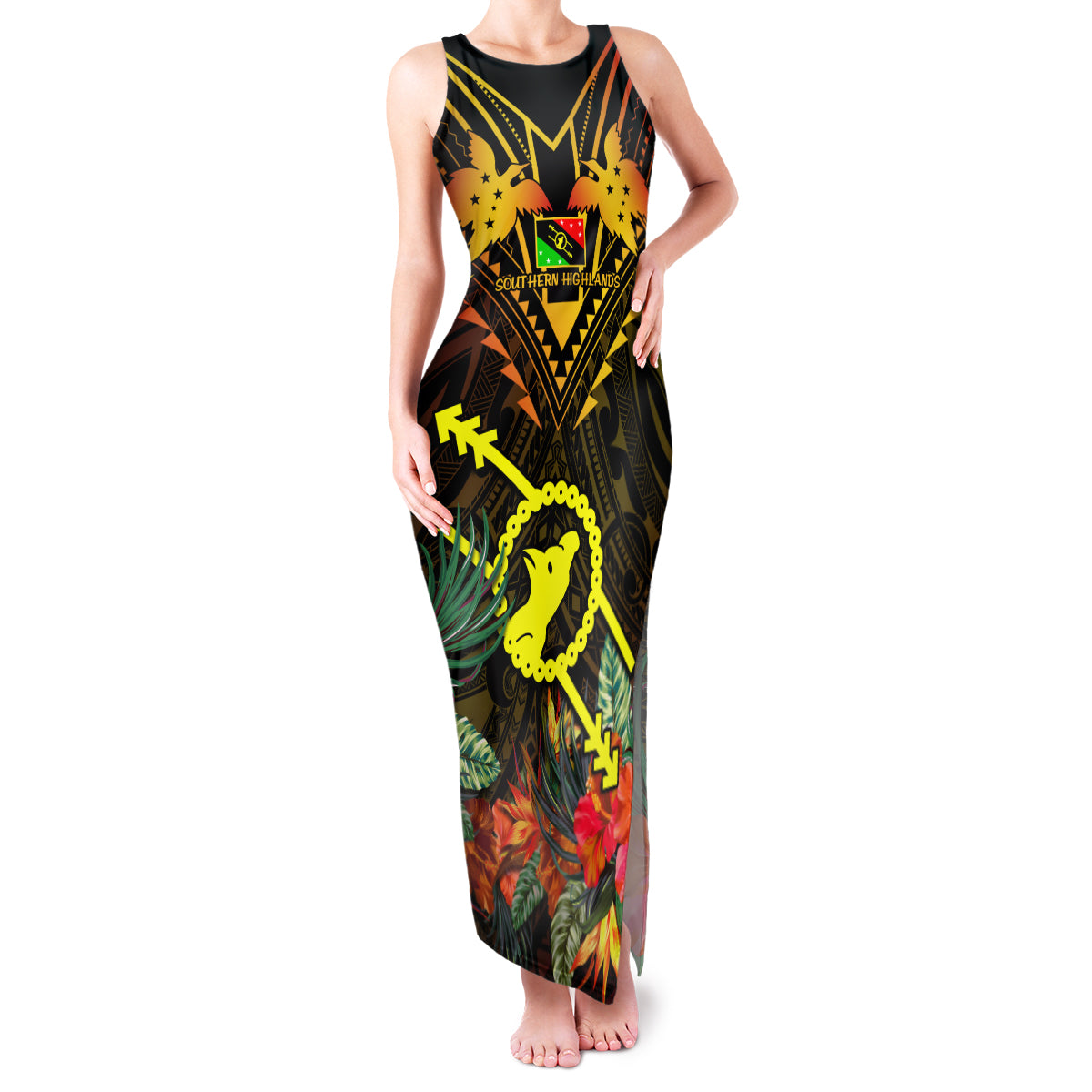 Papua New Guinea Southern Highlands Province Family Matching Tank Maxi Dress and Hawaiian Shirt Papua Niugini Coat Of Arms With Flag Style LT14 Mom's Dress Black - Polynesian Pride