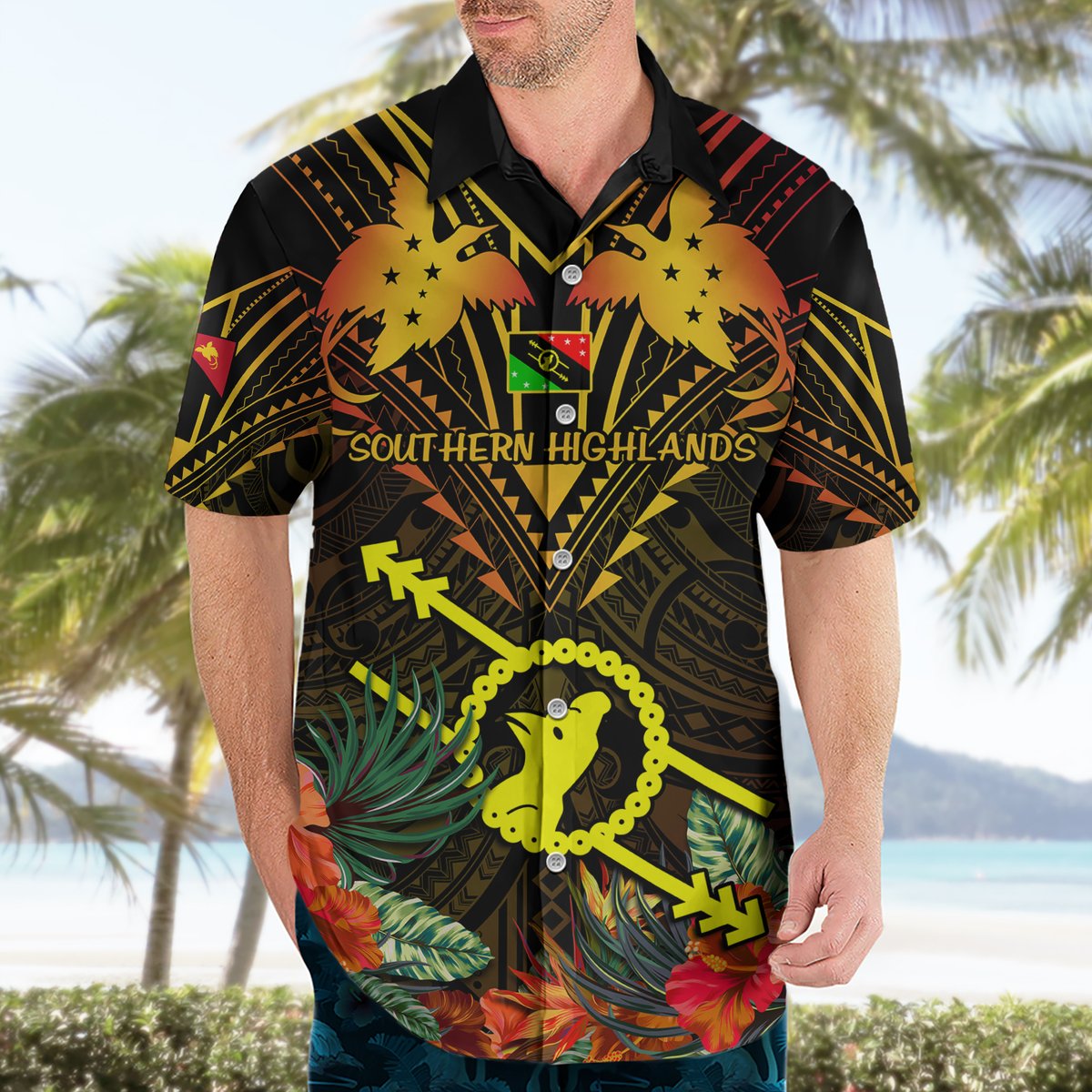 Papua New Guinea Southern Highlands Province Hawaiian Shirt Papua Niugini Coat Of Arms With Flag Style LT14 - Polynesian Pride