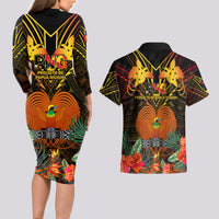 Papua New Guinea Manus Province Couples Matching Long Sleeve Bodycon Dress and Hawaiian Shirt Papua Niugini Coat Of Arms With Flag Style LT14 - Polynesian Pride