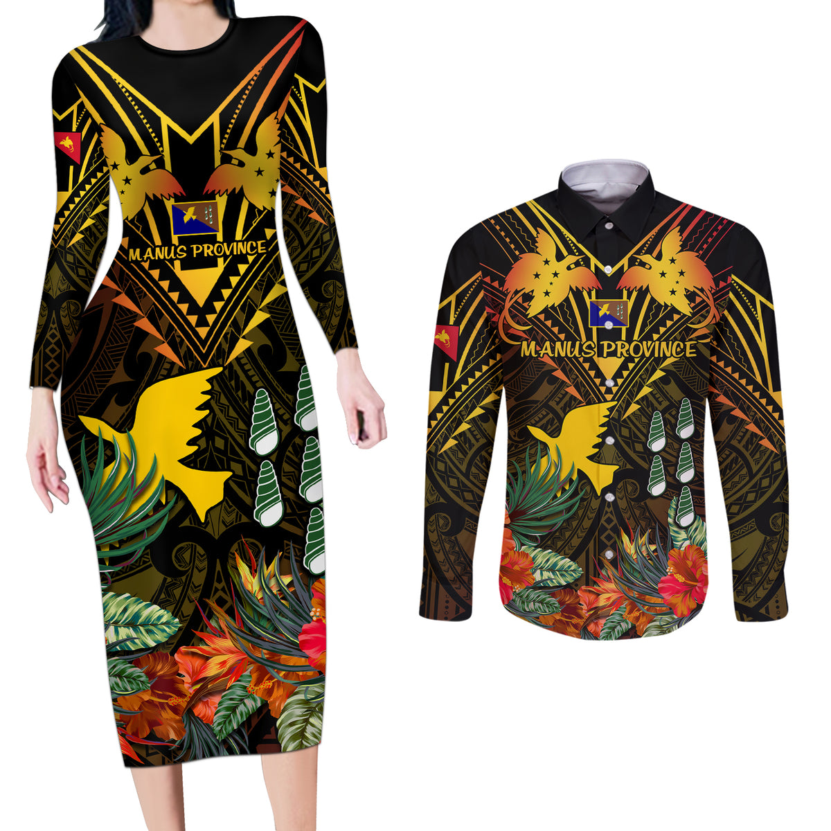 Papua New Guinea Manus Province Couples Matching Long Sleeve Bodycon Dress and Long Sleeve Button Shirts Papua Niugini Coat Of Arms With Flag Style LT14 Black - Polynesian Pride
