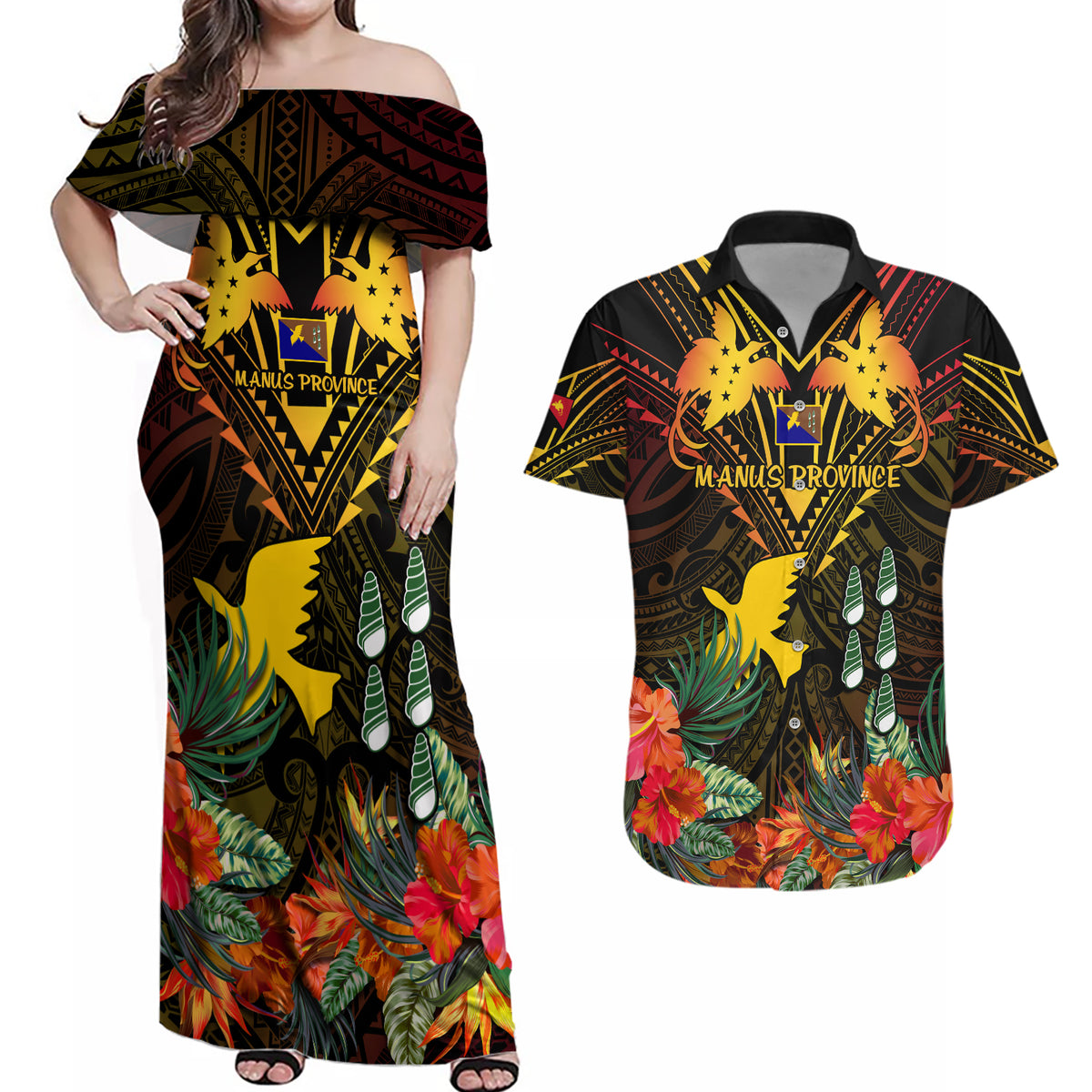 Papua New Guinea Manus Province Couples Matching Off Shoulder Maxi Dress and Hawaiian Shirt Papua Niugini Coat Of Arms With Flag Style LT14 Black - Polynesian Pride