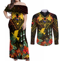Papua New Guinea Manus Province Couples Matching Off Shoulder Maxi Dress and Long Sleeve Button Shirts Papua Niugini Coat Of Arms With Flag Style LT14 Black - Polynesian Pride