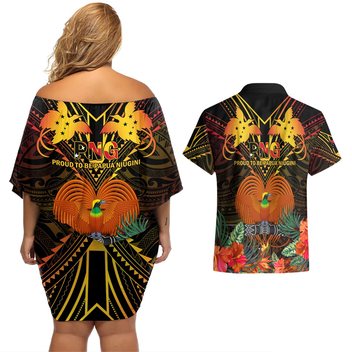 Papua New Guinea Manus Province Couples Matching Off Shoulder Short Dress and Hawaiian Shirt Papua Niugini Coat Of Arms With Flag Style LT14 - Polynesian Pride