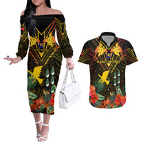 Papua New Guinea Manus Province Couples Matching Off The Shoulder Long Sleeve Dress and Hawaiian Shirt Papua Niugini Coat Of Arms With Flag Style LT14 Black - Polynesian Pride