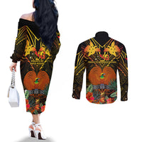 Papua New Guinea Manus Province Couples Matching Off The Shoulder Long Sleeve Dress and Long Sleeve Button Shirts Papua Niugini Coat Of Arms With Flag Style LT14 - Polynesian Pride