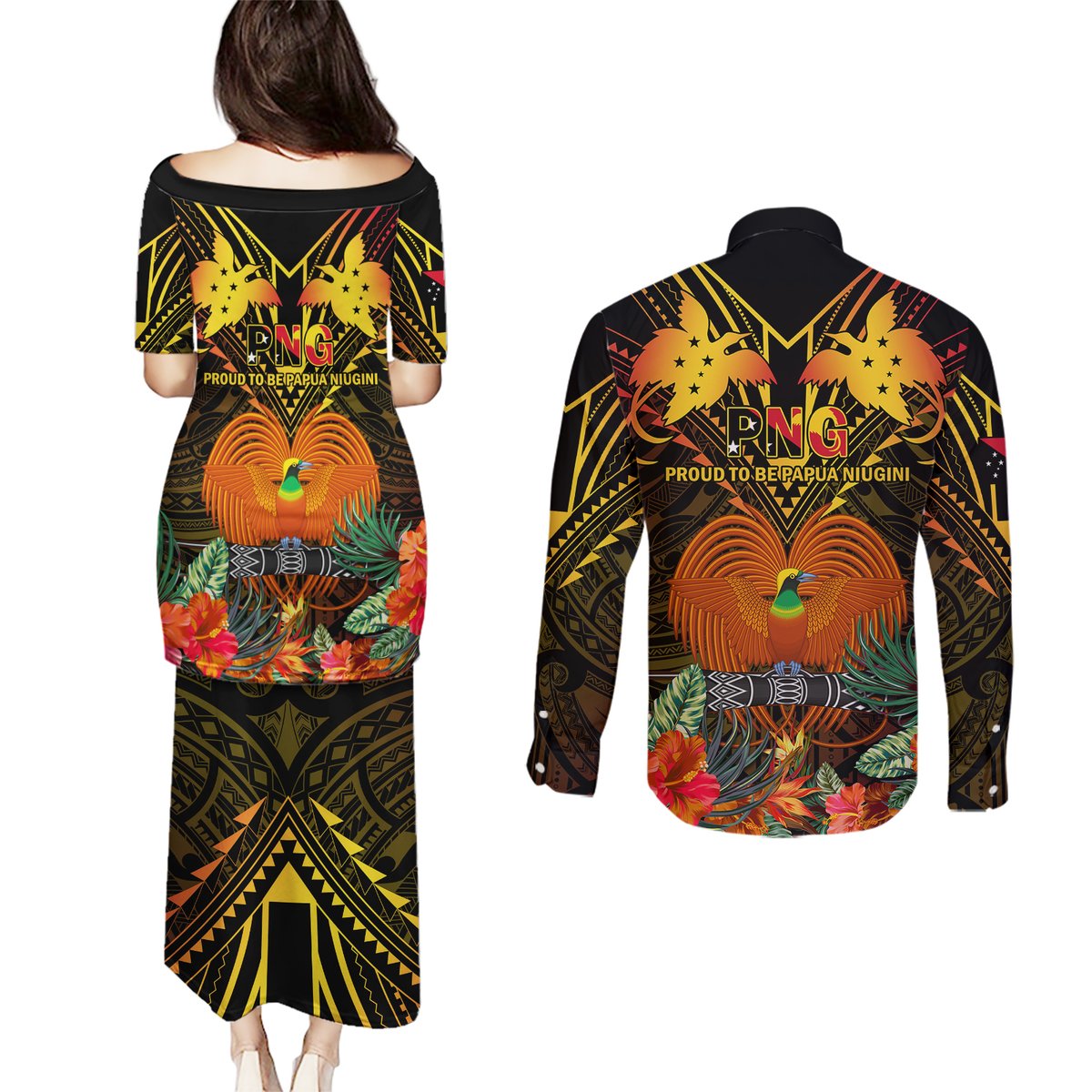 Papua New Guinea Manus Province Couples Matching Puletasi Dress and Long Sleeve Button Shirts Papua Niugini Coat Of Arms With Flag Style LT14 - Polynesian Pride
