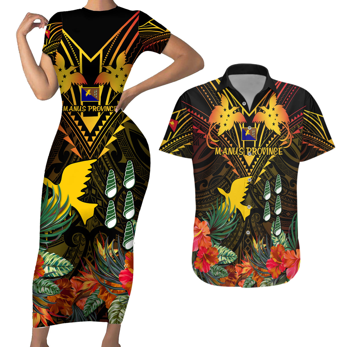Papua New Guinea Manus Province Couples Matching Short Sleeve Bodycon Dress and Hawaiian Shirt Papua Niugini Coat Of Arms With Flag Style LT14 Black - Polynesian Pride