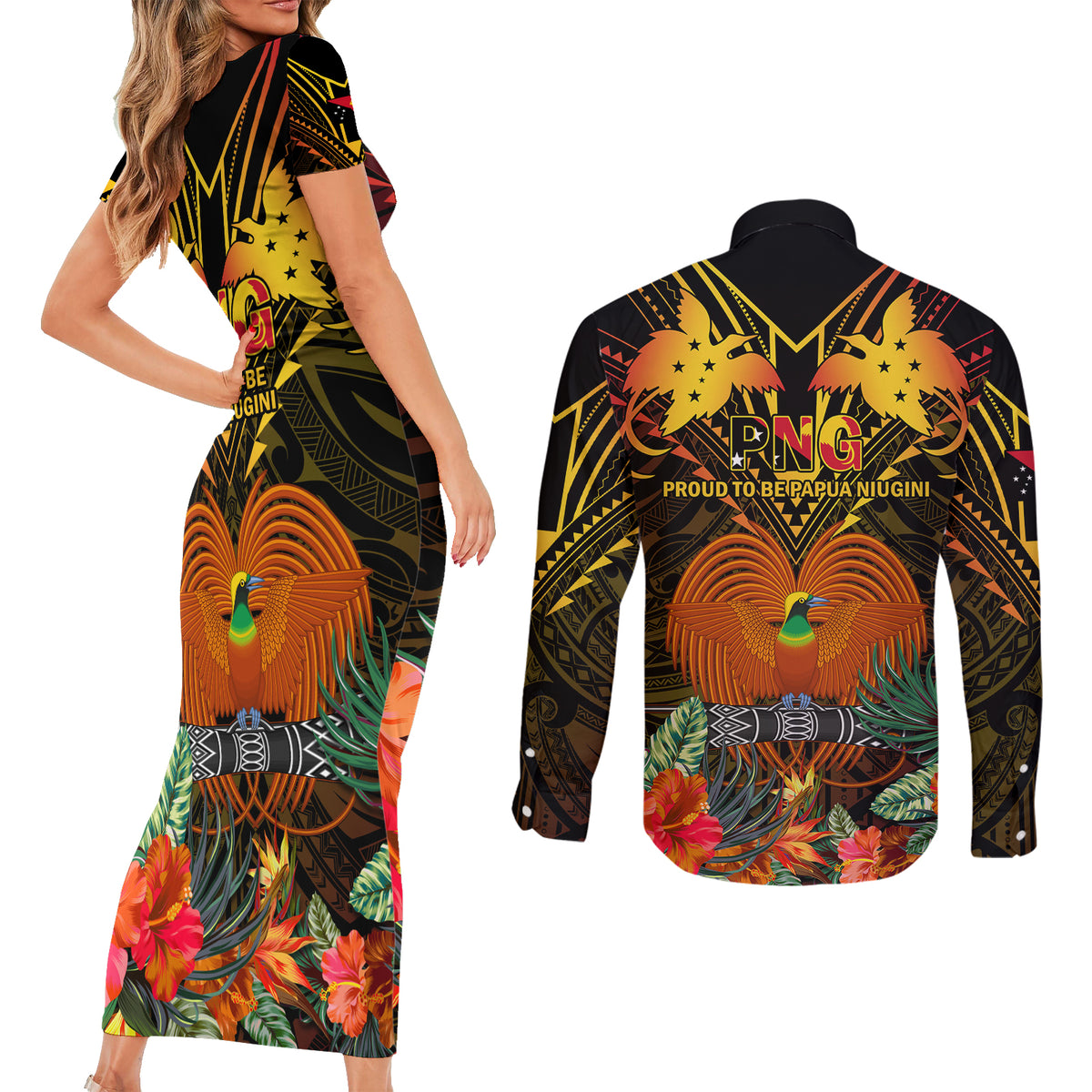 Papua New Guinea Manus Province Couples Matching Short Sleeve Bodycon Dress and Long Sleeve Button Shirts Papua Niugini Coat Of Arms With Flag Style LT14 - Polynesian Pride
