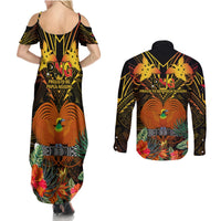 Papua New Guinea Manus Province Couples Matching Summer Maxi Dress and Long Sleeve Button Shirts Papua Niugini Coat Of Arms With Flag Style LT14 - Polynesian Pride