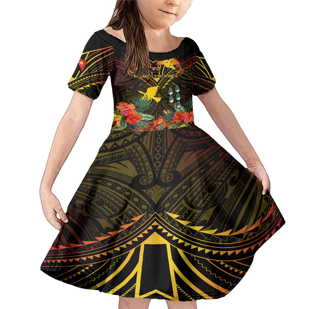 Papua New Guinea Manus Province Family Matching Mermaid Dress and Hawaiian Shirt Papua Niugini Coat Of Arms With Flag Style LT14 Daughter's Dress Black - Polynesian Pride