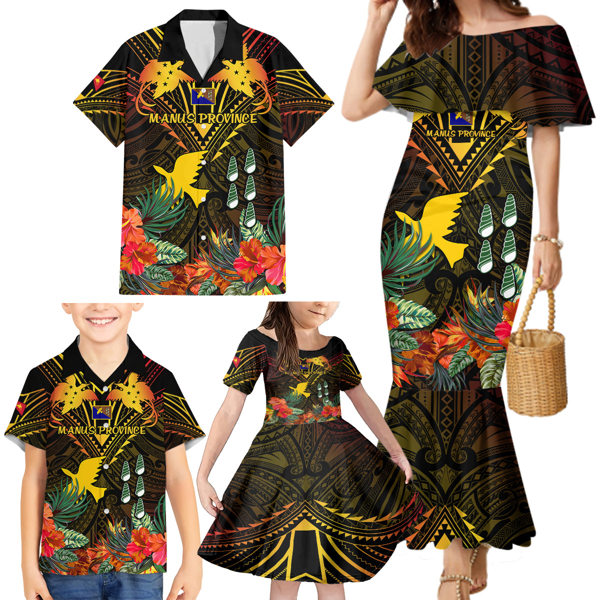 Papua New Guinea Manus Province Family Matching Mermaid Dress and Hawaiian Shirt Papua Niugini Coat Of Arms With Flag Style LT14 - Polynesian Pride