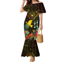 Papua New Guinea Manus Province Family Matching Mermaid Dress and Hawaiian Shirt Papua Niugini Coat Of Arms With Flag Style LT14 Mom's Dress Black - Polynesian Pride