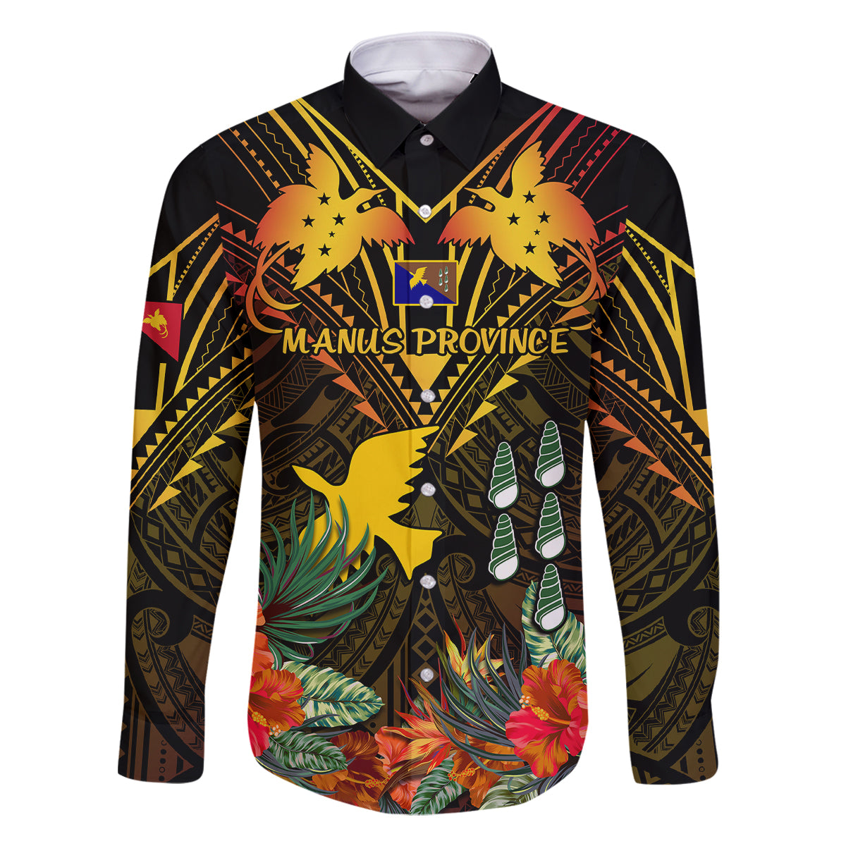 Papua New Guinea Manus Province Family Matching Off Shoulder Long Sleeve Dress and Hawaiian Shirt Papua Niugini Coat Of Arms With Flag Style LT14 Dad's Shirt - Long Sleeve Black - Polynesian Pride