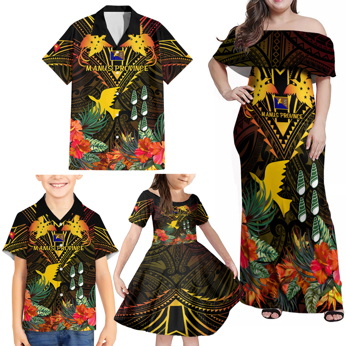 Papua New Guinea Manus Province Family Matching Off Shoulder Maxi Dress and Hawaiian Shirt Papua Niugini Coat Of Arms With Flag Style LT14 - Polynesian Pride