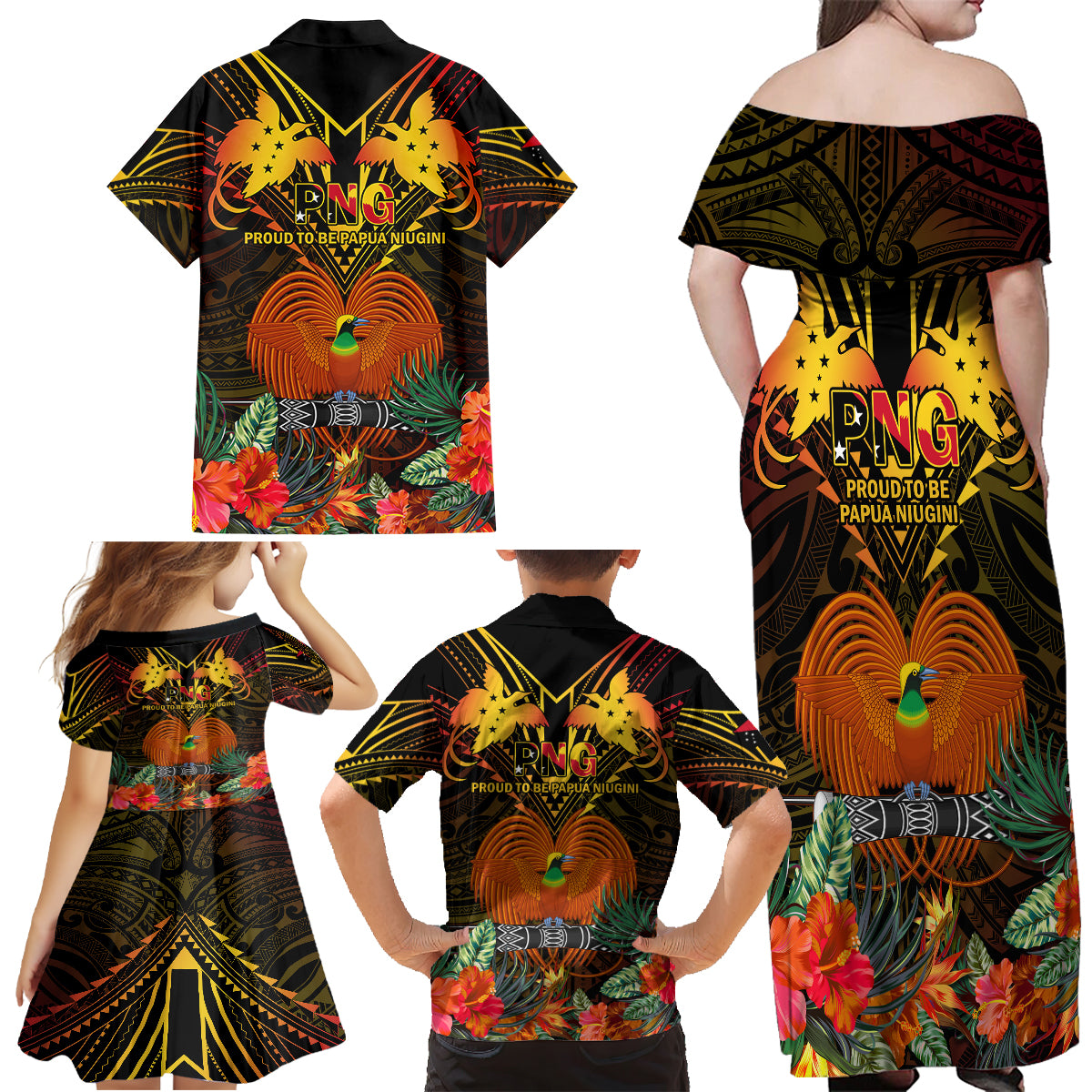 Papua New Guinea Manus Province Family Matching Off Shoulder Maxi Dress and Hawaiian Shirt Papua Niugini Coat Of Arms With Flag Style LT14 - Polynesian Pride