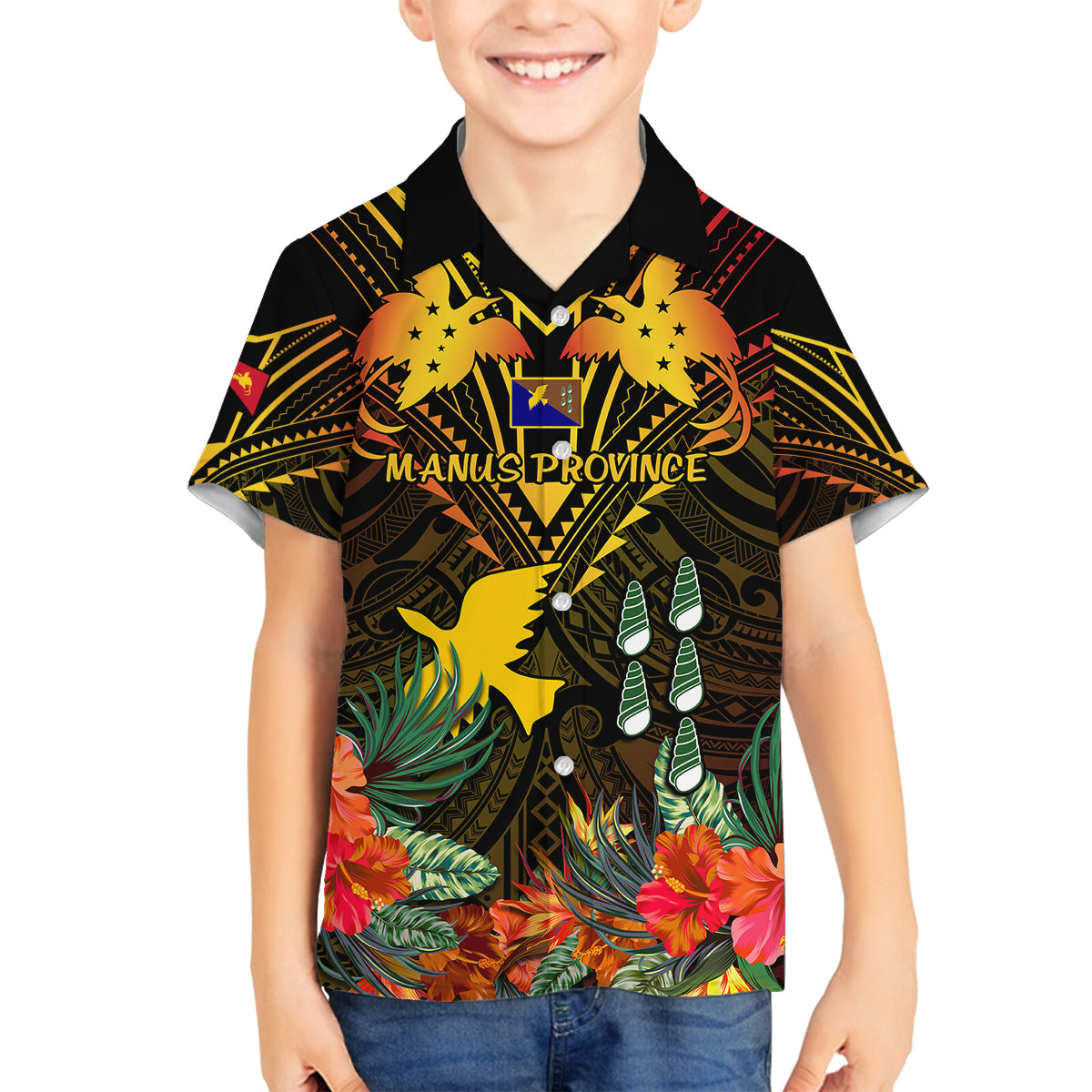 Papua New Guinea Manus Province Family Matching Off Shoulder Maxi Dress and Hawaiian Shirt Papua Niugini Coat Of Arms With Flag Style LT14 Son's Shirt Black - Polynesian Pride