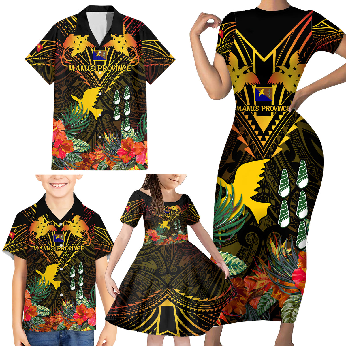 Papua New Guinea Manus Province Family Matching Short Sleeve Bodycon Dress and Hawaiian Shirt Papua Niugini Coat Of Arms With Flag Style LT14 - Polynesian Pride