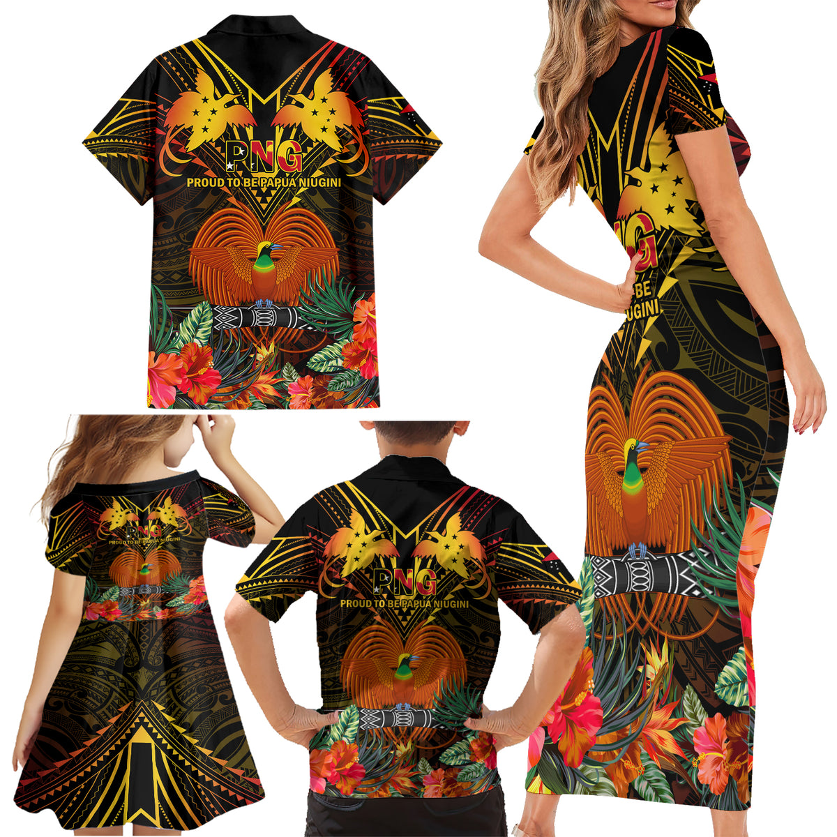 Papua New Guinea Manus Province Family Matching Short Sleeve Bodycon Dress and Hawaiian Shirt Papua Niugini Coat Of Arms With Flag Style LT14 - Polynesian Pride