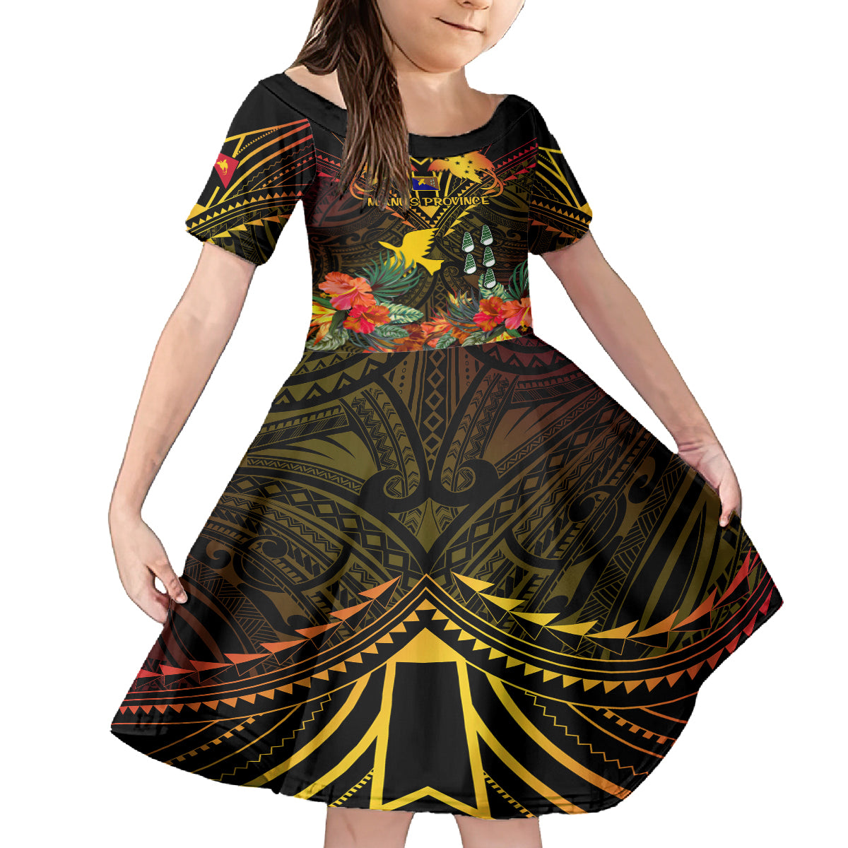Papua New Guinea Manus Province Family Matching Summer Maxi Dress and Hawaiian Shirt Papua Niugini Coat Of Arms With Flag Style LT14 Daughter's Dress Black - Polynesian Pride