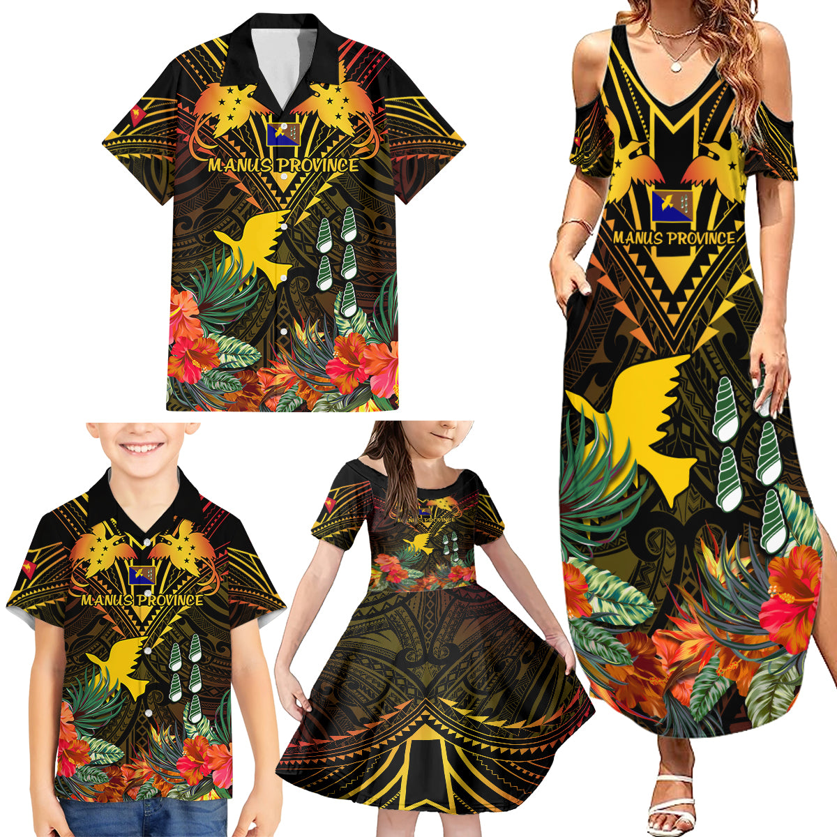 Papua New Guinea Manus Province Family Matching Summer Maxi Dress and Hawaiian Shirt Papua Niugini Coat Of Arms With Flag Style LT14 - Polynesian Pride