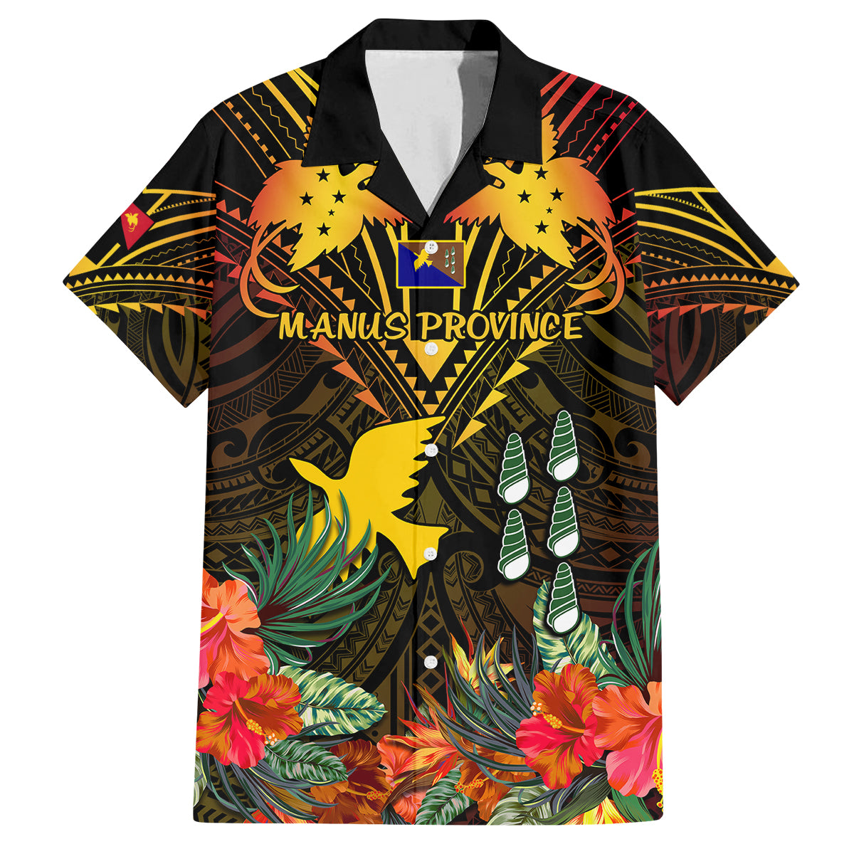 Papua New Guinea Manus Province Family Matching Summer Maxi Dress and Hawaiian Shirt Papua Niugini Coat Of Arms With Flag Style LT14 Dad's Shirt - Short Sleeve Black - Polynesian Pride