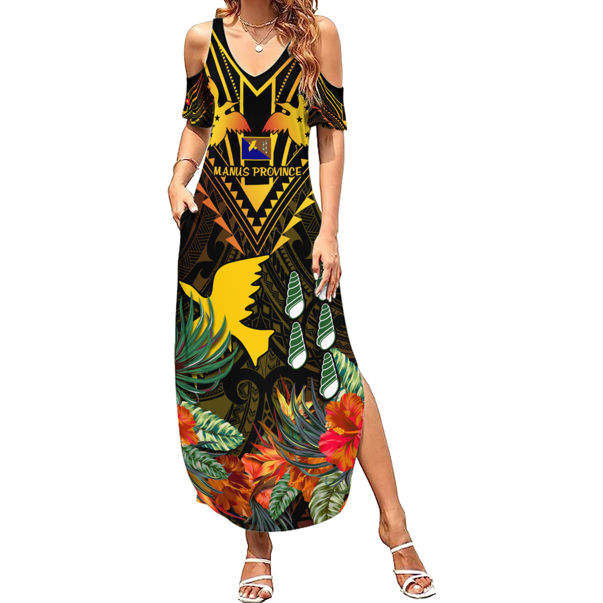 Papua New Guinea Manus Province Family Matching Summer Maxi Dress and Hawaiian Shirt Papua Niugini Coat Of Arms With Flag Style LT14 Mom's Dress Black - Polynesian Pride