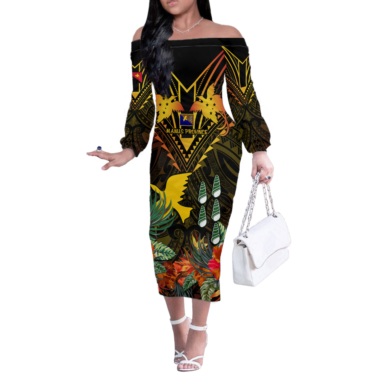 Papua New Guinea Manus Province Off The Shoulder Long Sleeve Dress Papua Niugini Coat Of Arms With Flag Style LT14 Women Black - Polynesian Pride