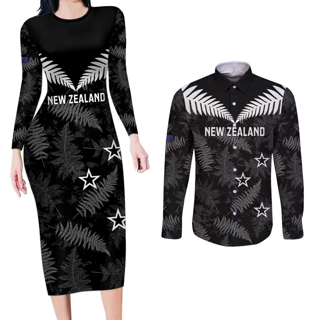 Custom New Zealand Silver Fern Football Couples Matching Long Sleeve Bodycon Dress and Long Sleeve Button Shirt Go Aotearoa Grunge Black - Polynesian Pride