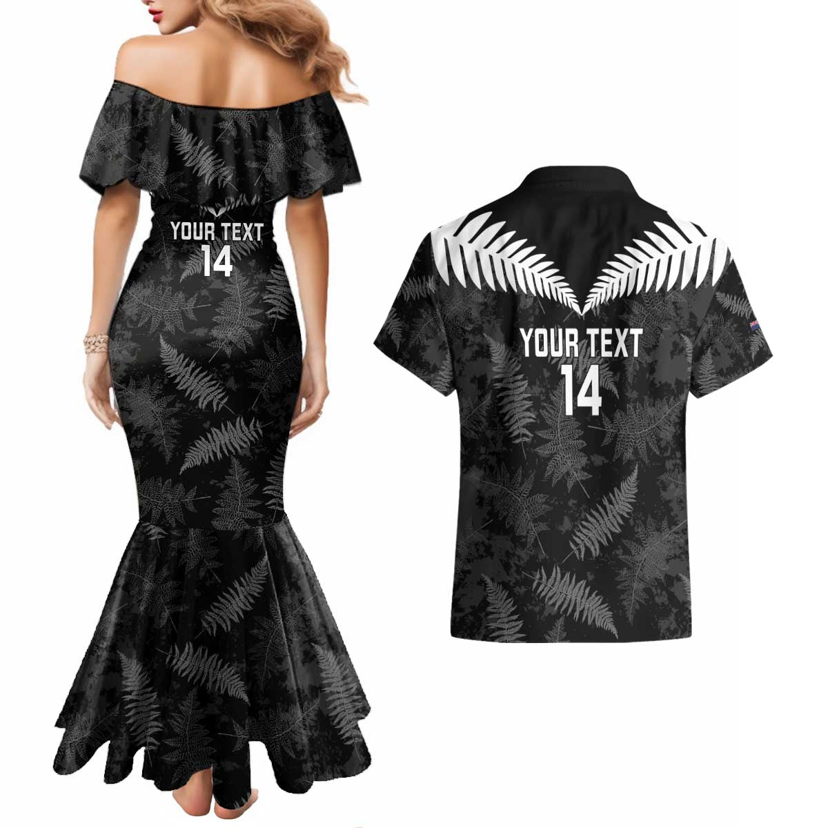 Custom New Zealand Silver Fern Football Couples Matching Mermaid Dress and Hawaiian Shirt Go Aotearoa Grunge Black - Polynesian Pride
