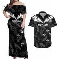 Custom New Zealand Silver Fern Football Couples Matching Off Shoulder Maxi Dress and Hawaiian Shirt Go Aotearoa Grunge Black - Polynesian Pride