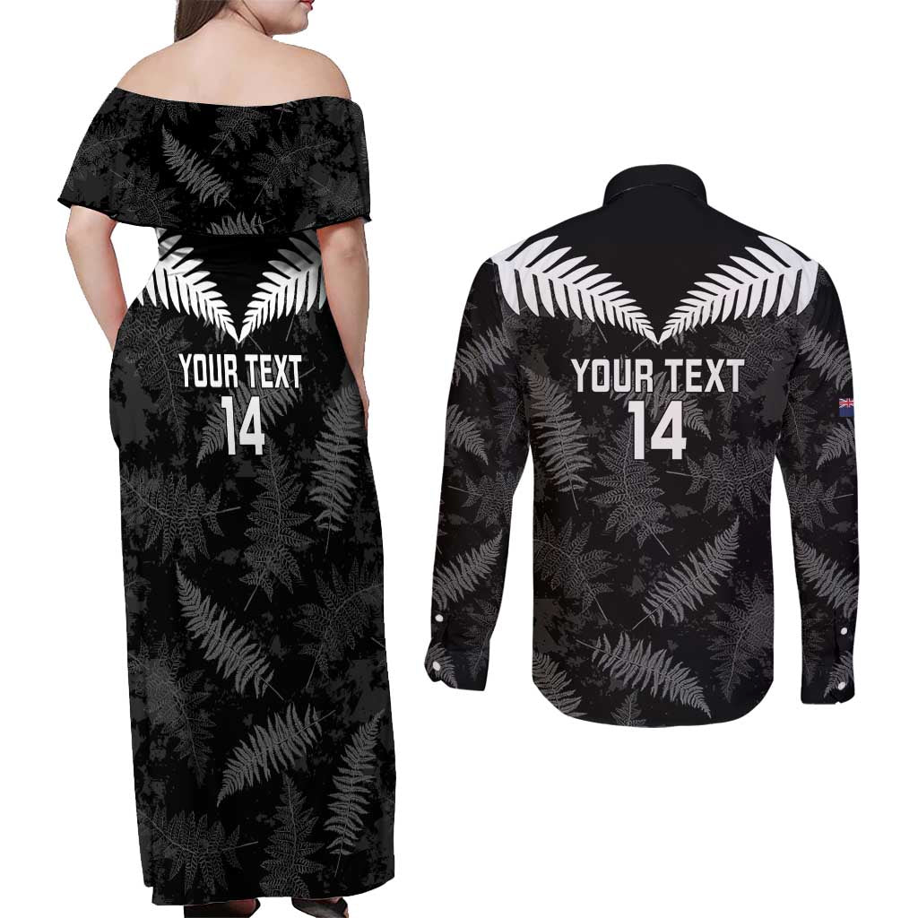 Custom New Zealand Silver Fern Football Couples Matching Off Shoulder Maxi Dress and Long Sleeve Button Shirt Go Aotearoa Grunge Black - Polynesian Pride