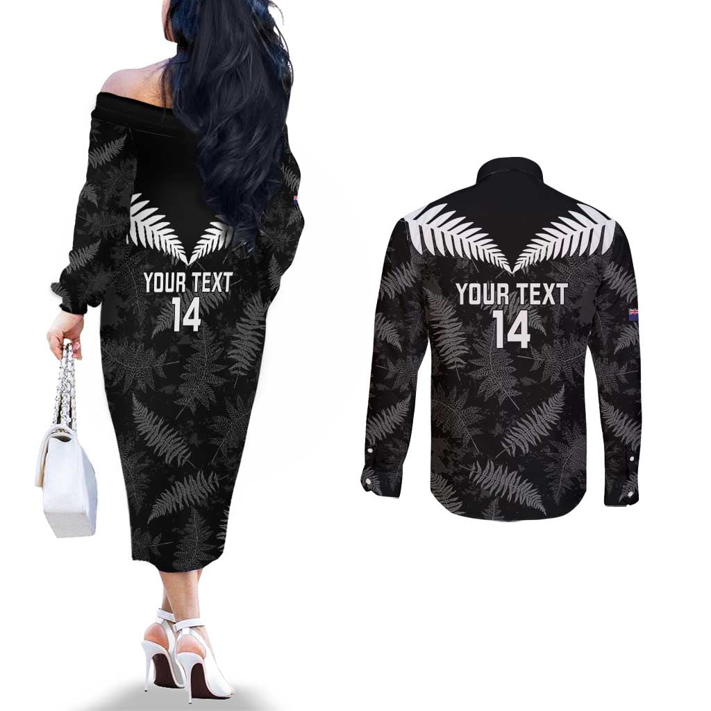 Custom New Zealand Silver Fern Football Couples Matching Off The Shoulder Long Sleeve Dress and Long Sleeve Button Shirt Go Aotearoa Grunge Black - Polynesian Pride