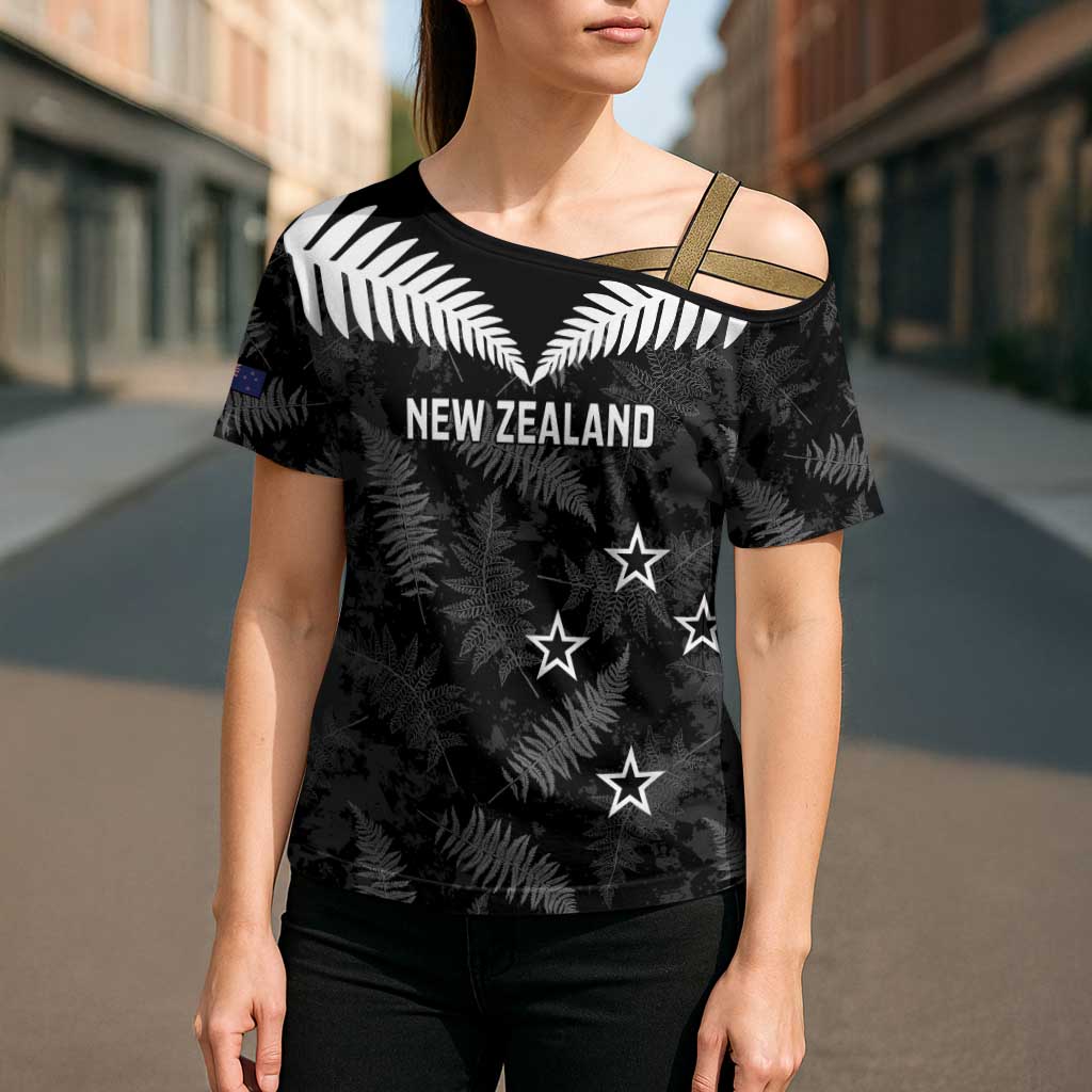 Custom New Zealand Silver Fern Football Cross Shoulder Shirt Go Aotearoa Grunge Black - Polynesian Pride