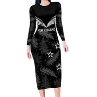 Custom New Zealand Silver Fern Football Family Matching Long Sleeve Bodycon Dress and Hawaiian Shirt Go Aotearoa Grunge Black - Polynesian Pride