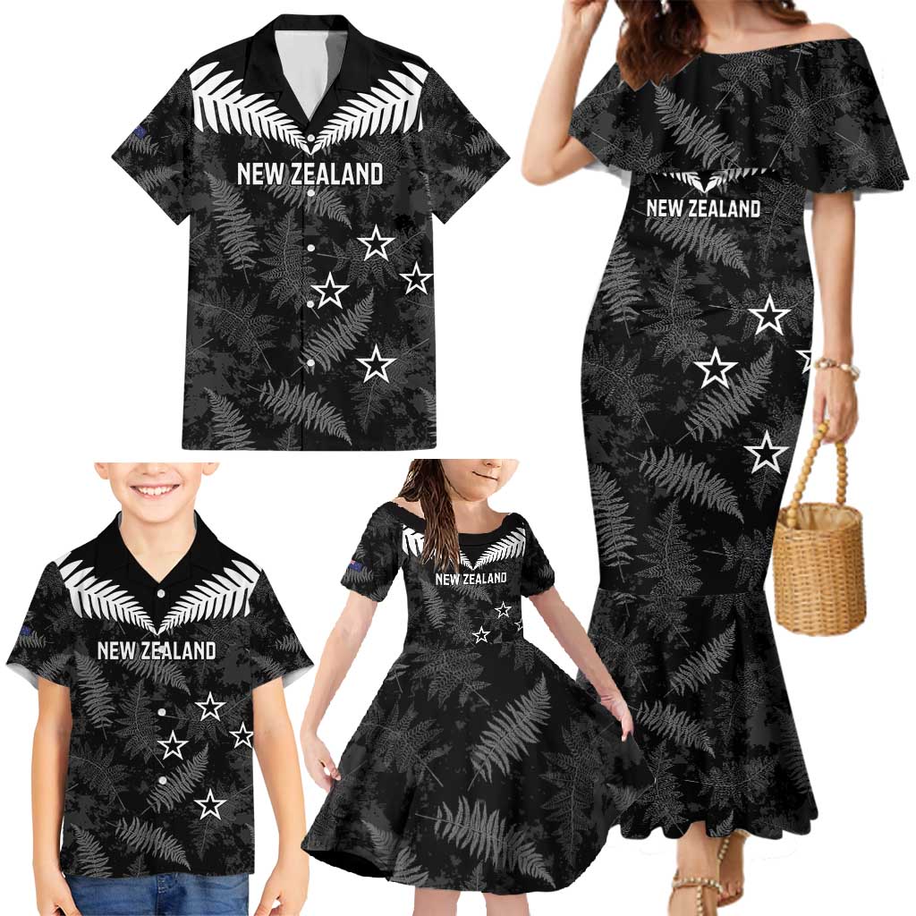Custom New Zealand Silver Fern Football Family Matching Mermaid Dress and Hawaiian Shirt Go Aotearoa Grunge Black - Polynesian Pride