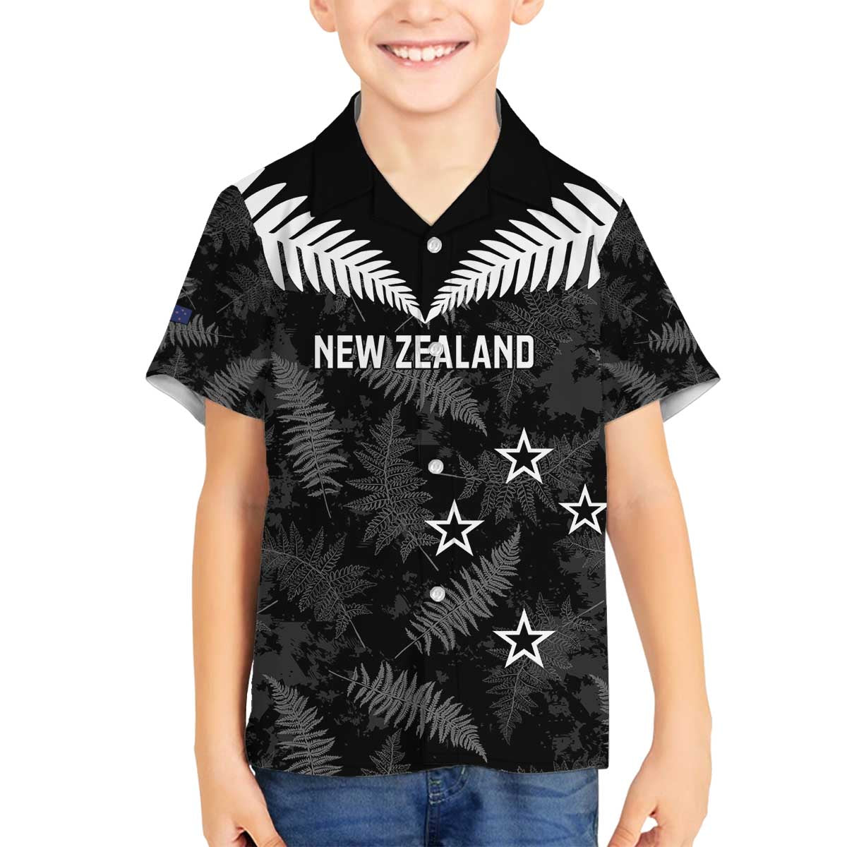 Custom New Zealand Silver Fern Football Family Matching Off The Shoulder Long Sleeve Dress and Hawaiian Shirt Go Aotearoa Grunge Black - Polynesian Pride