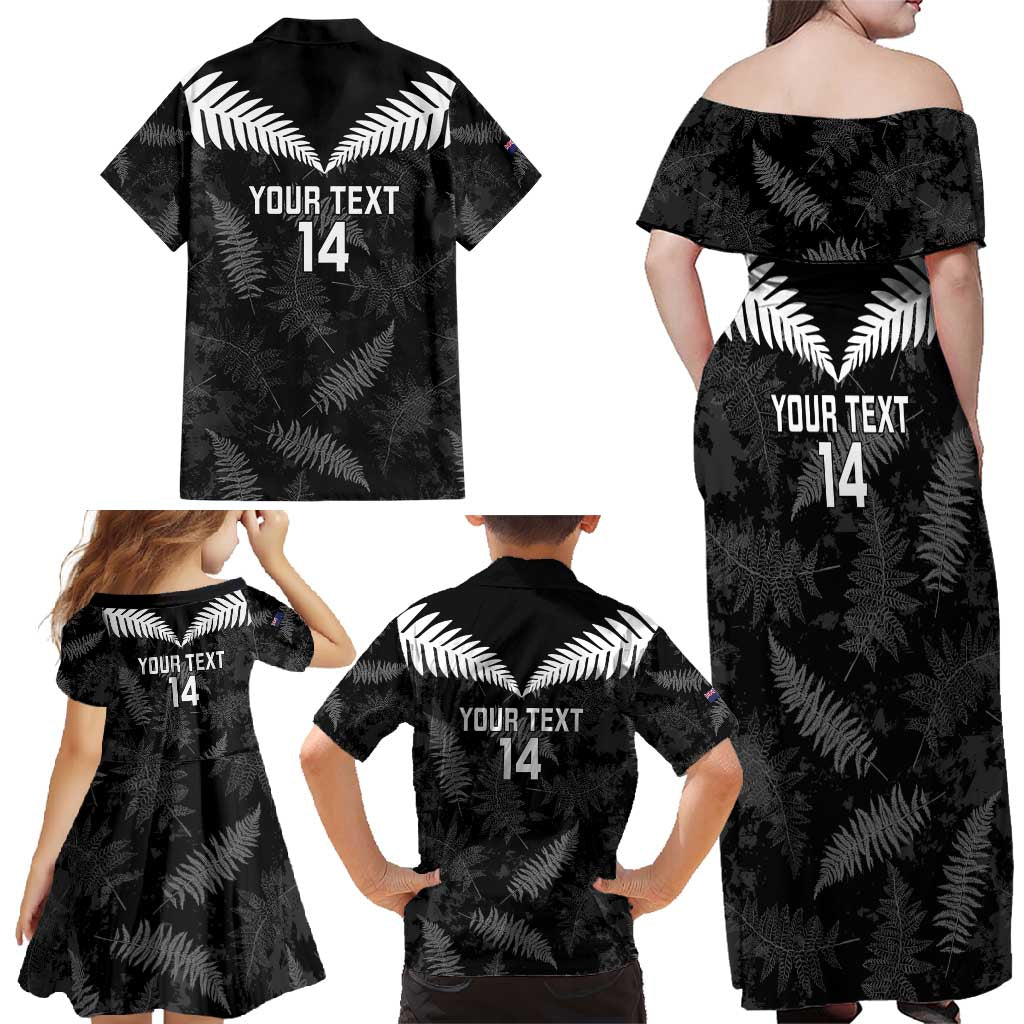 Custom New Zealand Silver Fern Football Family Matching Off Shoulder Maxi Dress and Hawaiian Shirt Go Aotearoa Grunge Black - Polynesian Pride