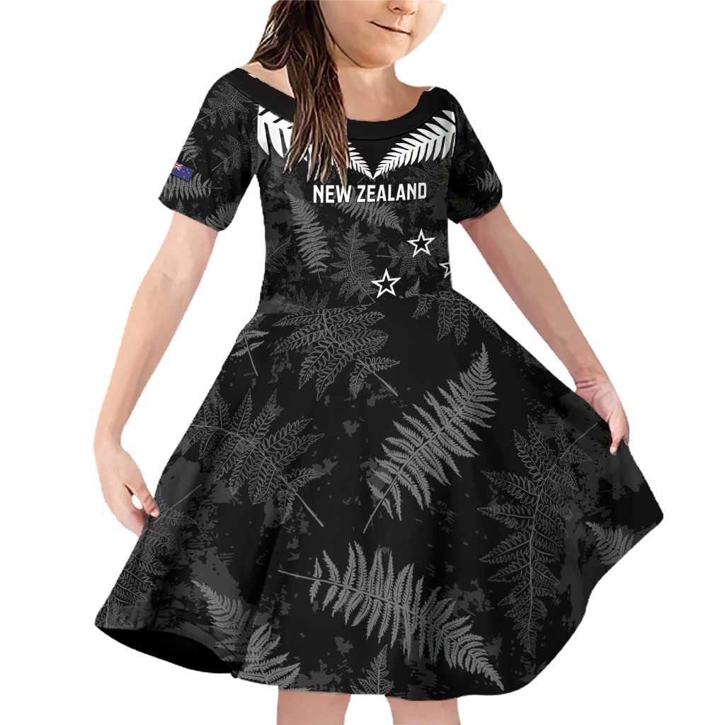 Custom New Zealand Silver Fern Football Family Matching Off Shoulder Short Dress and Hawaiian Shirt Go Aotearoa Grunge Black - Polynesian Pride
